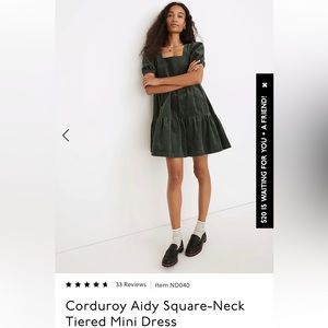 Madewell Aidy corduroy square neck tiered mini dress